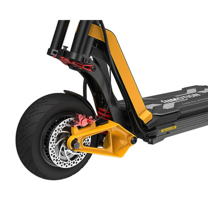 Close-up of the front wheel and suspension system of the Inmotion RS escooter, showcasing its robust build for off-road performance. Available at ProMechBC, the best escooter shop in Vancouver.