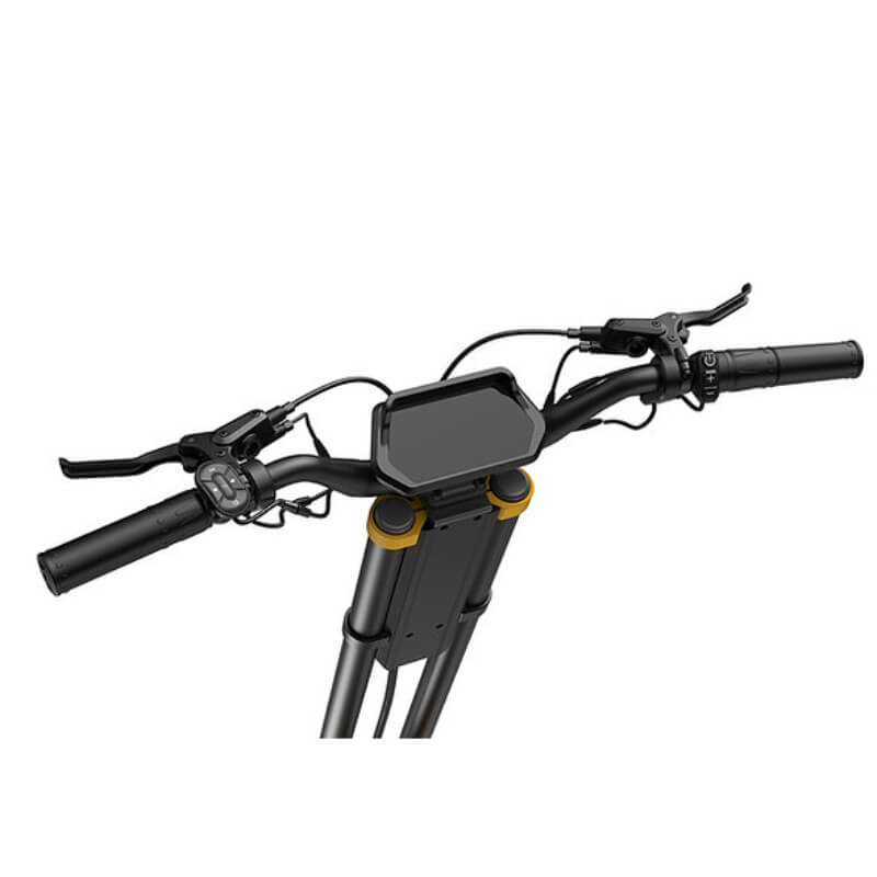 Handlebar view of the Inmotion RS escooter, featuring dual brake levers and a central display. Find this high-performance escooter at ProMechBC in Vancouver.