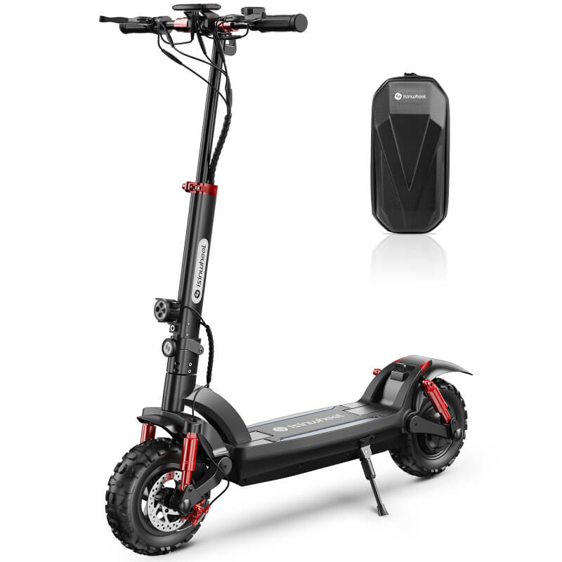 Black electric scooter with red accents on a white background