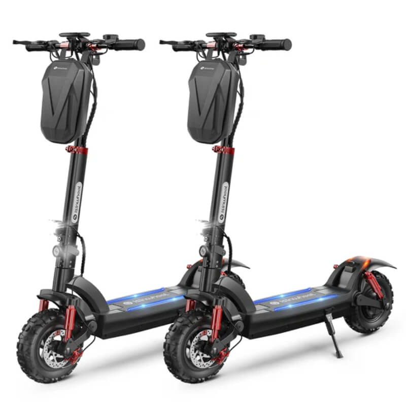 Two electric scooters side by side on a white background