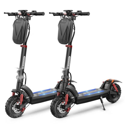Two electric scooters side by side on a white background