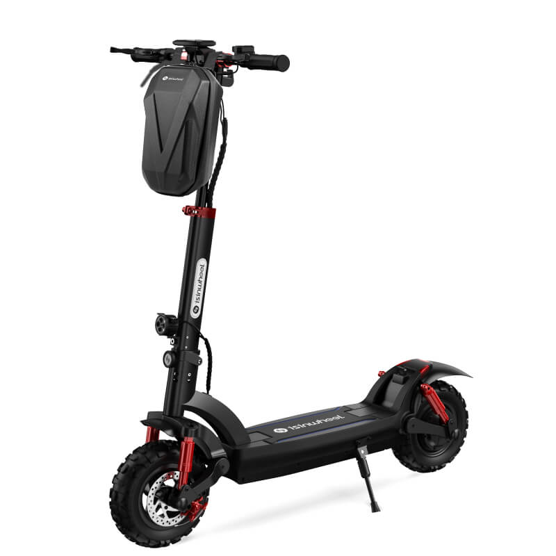 Black electric scooter with red accents on a white background