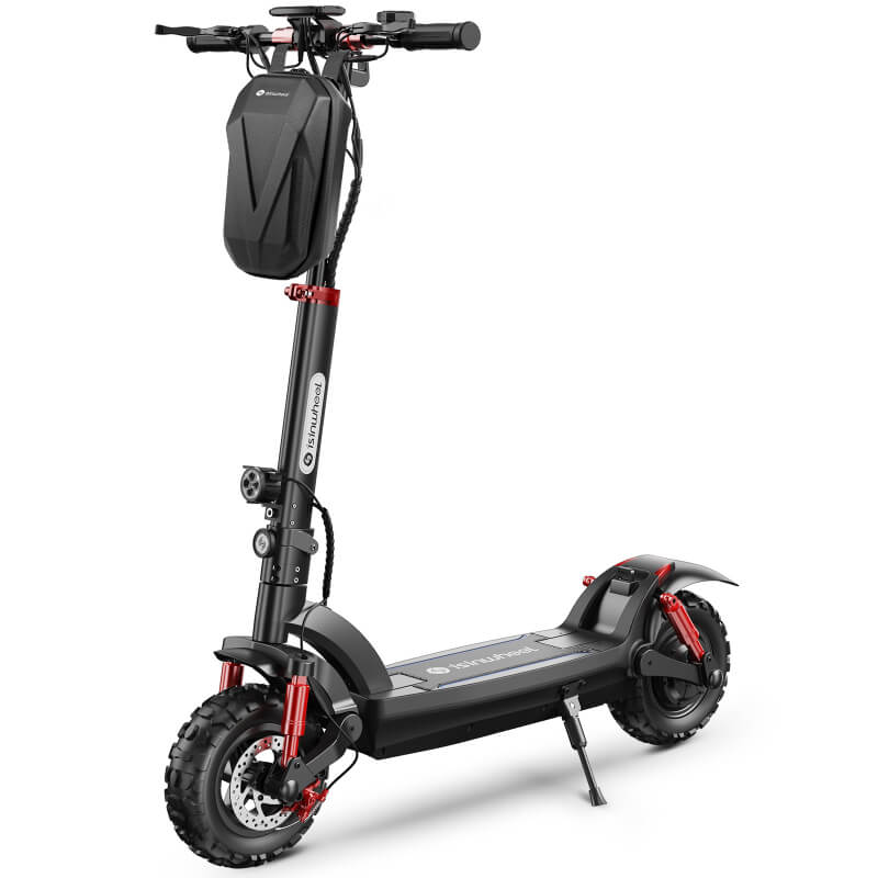 Black electric scooter with red accents on a white background