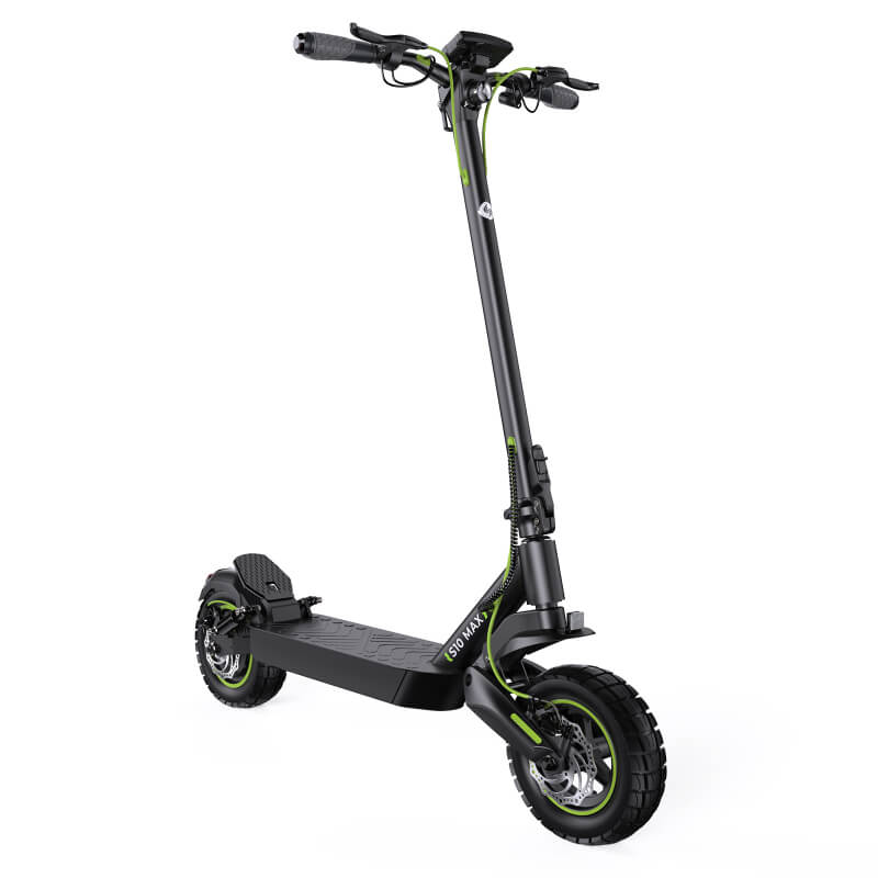 Black electric scooter with green accents on a white background