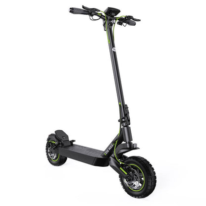 Black electric scooter with green accents on a white background