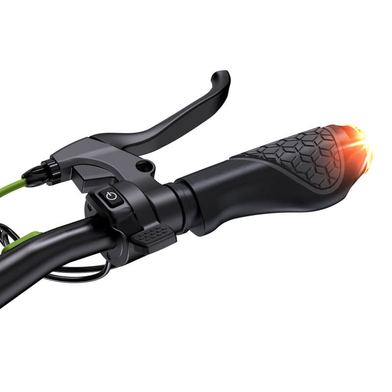 Bicycle handlebar with brake lever and turn signal on a white background