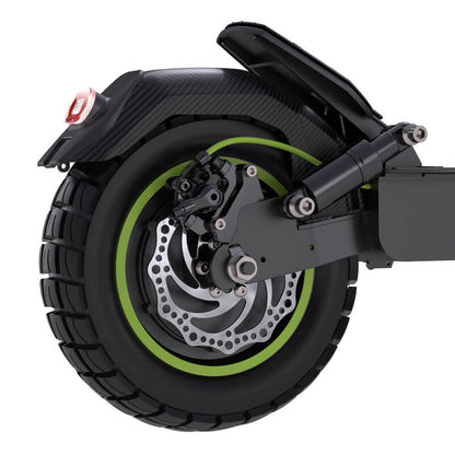 Close-up of a scooter wheel with suspension and brake components on a white background