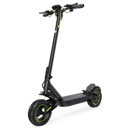 Black electric scooter with green accents on a white background