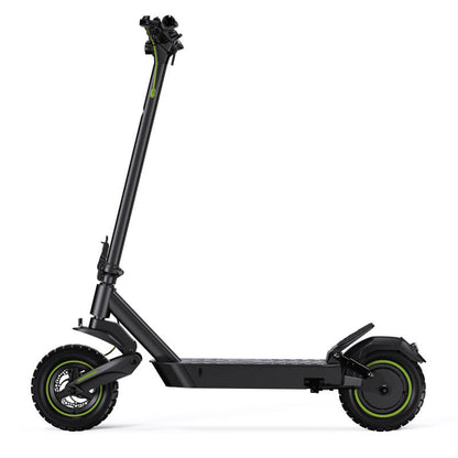 Black electric scooter with green accents on a white background