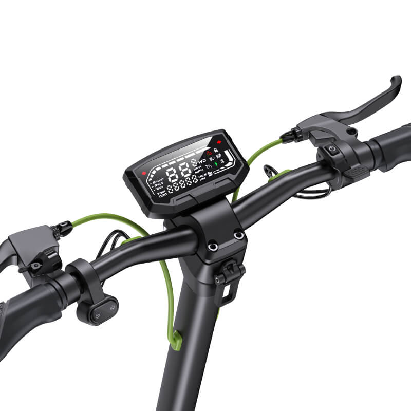 Close-up of bicycle handlebar with digital display and brake levers on a white background