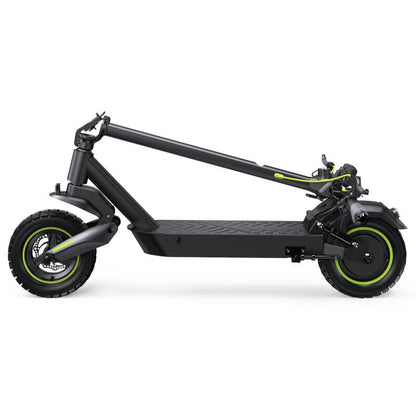 Black electric scooter with green accents on a white background