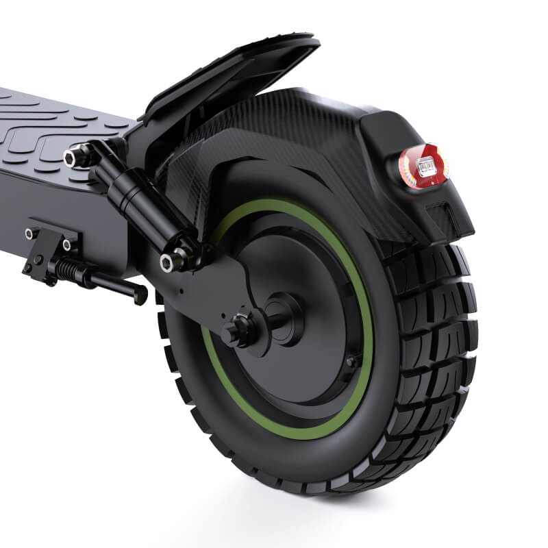 Close-up of a black electric scooter with large wheel on a white background