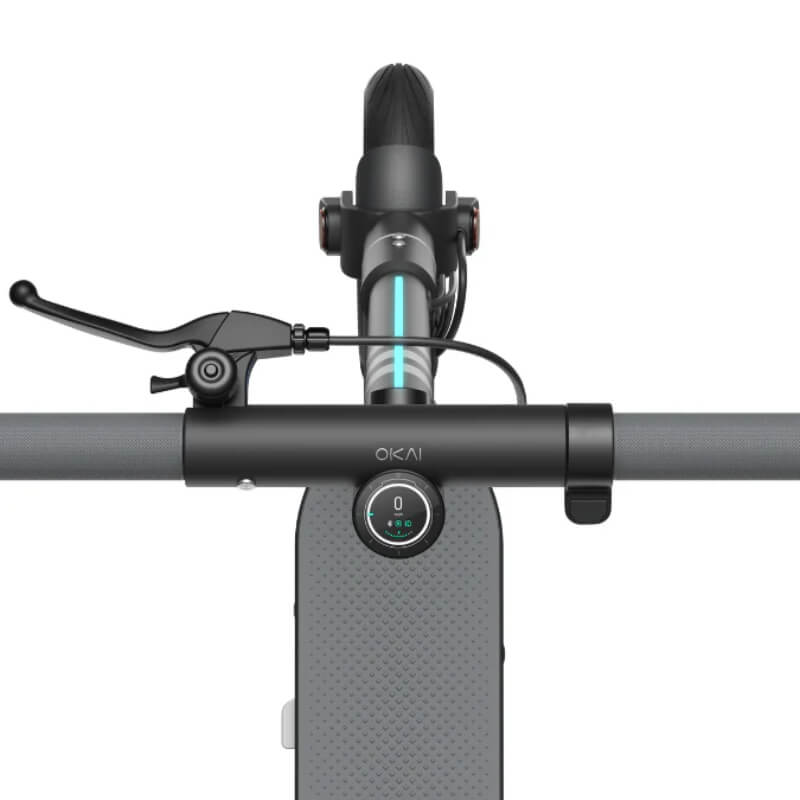 Close-up of a bicycle handlebar with OKAI branding on a white background