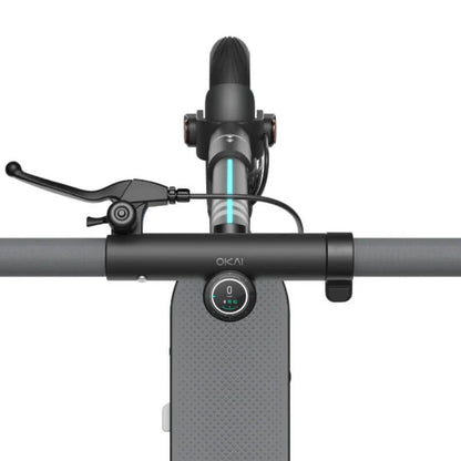 Close-up of a bicycle handlebar with OKAI branding on a white background