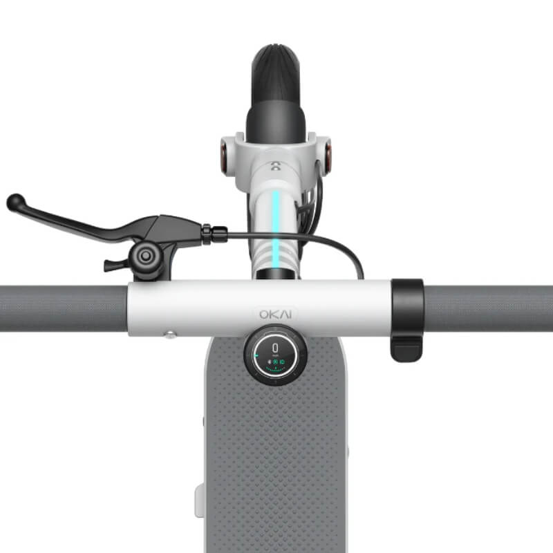 Close-up of a scooter handlebar with OKAI branding on a white background