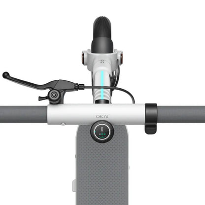 Close-up of a scooter handlebar with OKAI branding on a white background