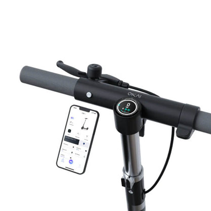 Electric scooter handlebar with digital display and smartphone app interface on a white background