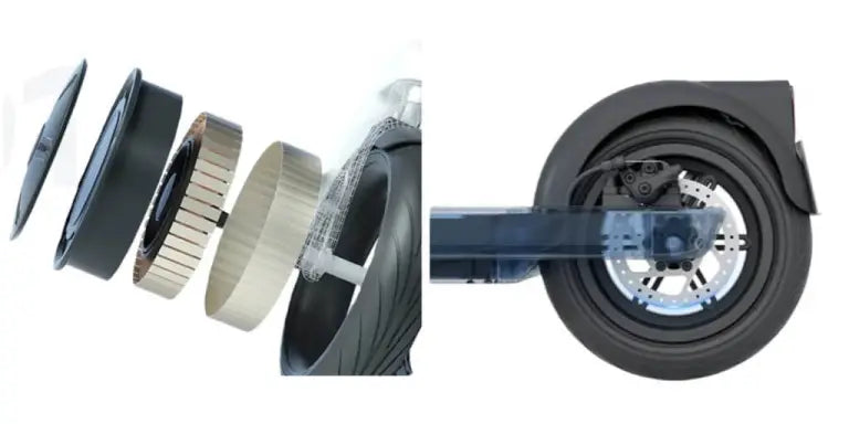 E-Scooter wheel assembly with components on a white background