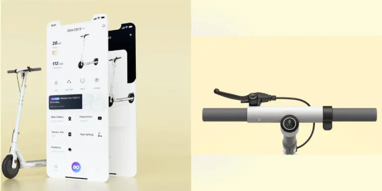 okai-es10 scooter with smartphone displaying app interface on a beige backgroundokai-es10 scooter with smartphone displaying app interface on a beige background