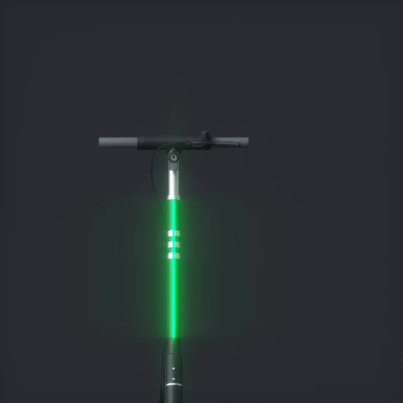 Green scooter with glowing lights on a black background