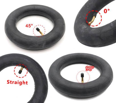 Four views of a black inner tube with text indicating angles on a white background