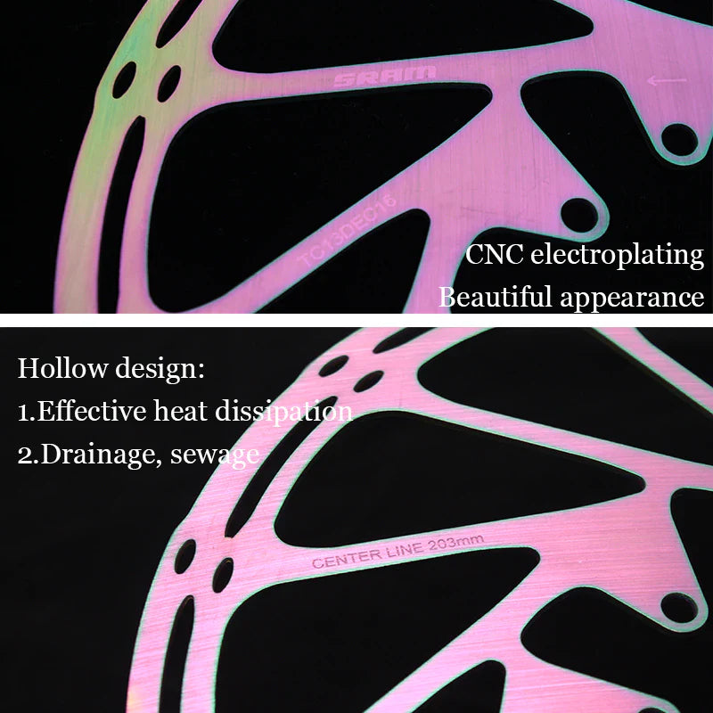 Close-up of a pink metallic disc brake rotor with text highlighting features.