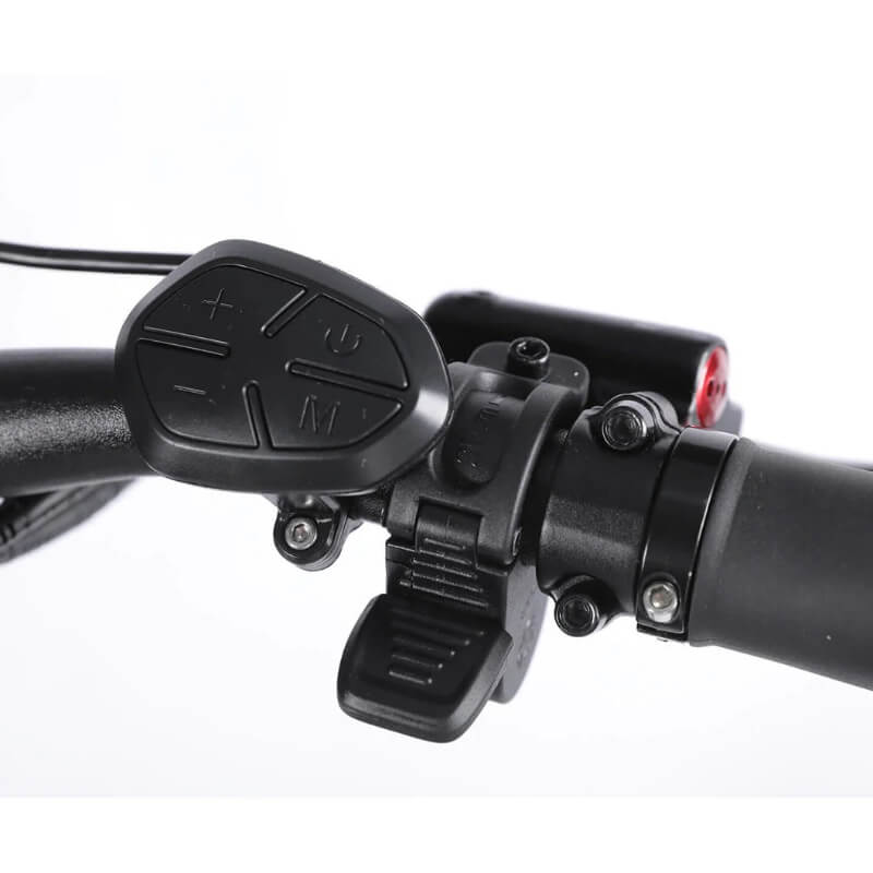 Close-up of a bicycle handlebar control panel with buttons on a white background