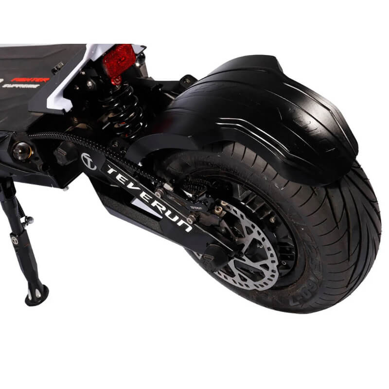 Close-up of a black electric scooter with 'Teverun' branding on a white background