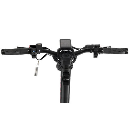 Black bicycle handlebar with controls on a white background