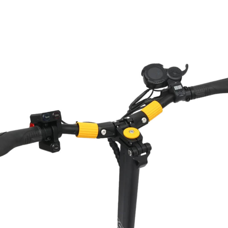 Handlebar controls of the VSETT 10+ dual motor electric scooter, showing the display, thumb throttle, and ergonomic grips. Available at ProMechBC – escooter shop and service center in Vancouver.