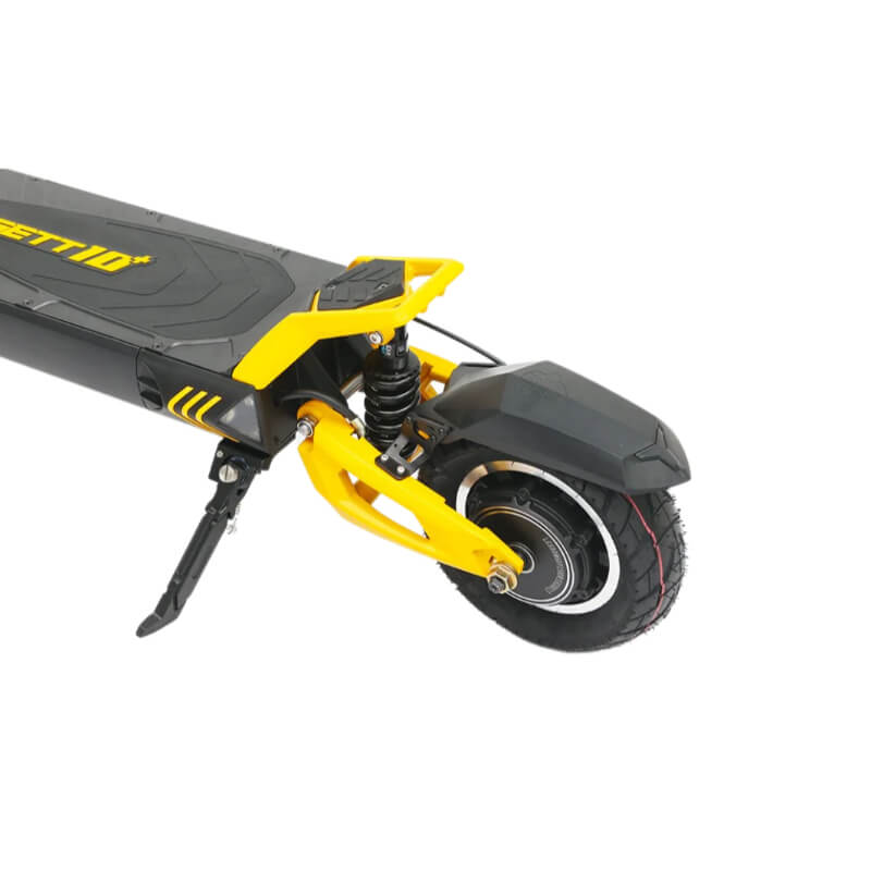 Close-up of the rear wheel and suspension system of the VSETT 10+ dual motor electric scooter, highlighting its shock absorber and rugged tire. Available at ProMechBC – escooter shop and service center in Vancouver.