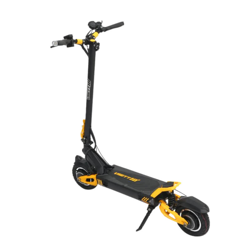 VSETT 10+ dual motor electric scooter in black and yellow, angled to show the wide deck, dual suspension, and handlebars. Offered by ProMechBC – escooter shop and service center in Vancouver.