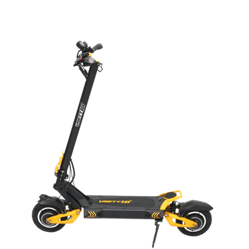 Side view of the VSETT 10+ dual motor electric scooter in black and yellow, showing its sleek frame, suspension, and kickstand. Available at ProMechBC – escooter shop and service center in Vancouver.
