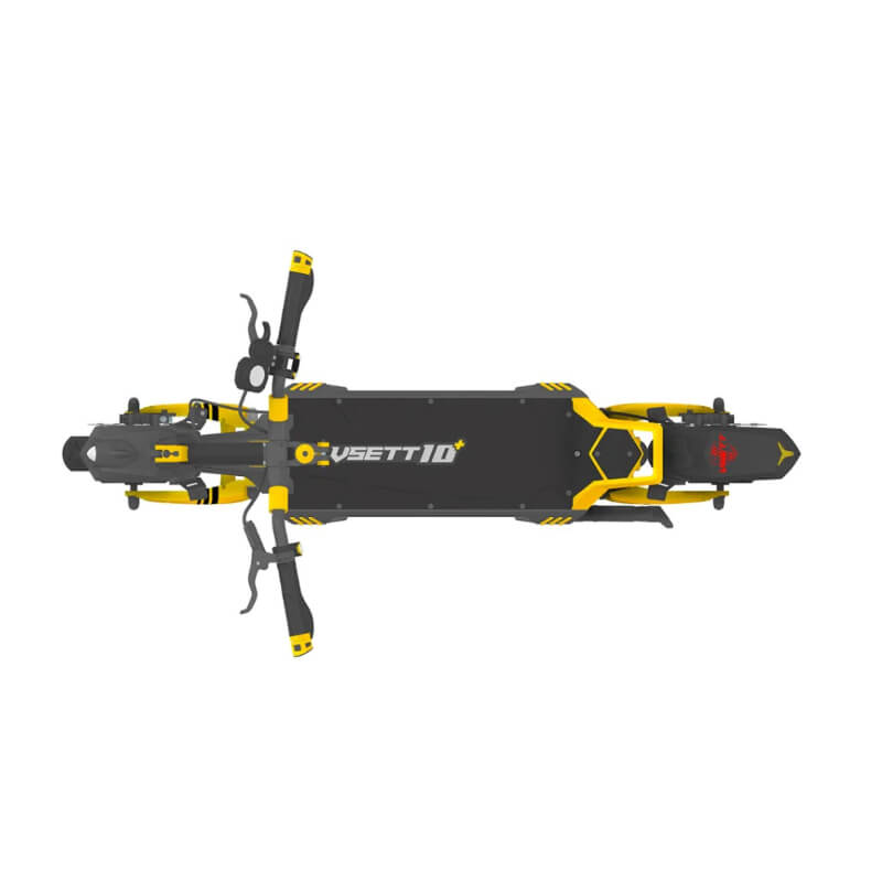 Top view of the VSETT 10+ dual motor electric scooter deck in black and yellow, featuring wide handlebars and foot space. Available at ProMechBC – escooter shop and service center in Vancouver.