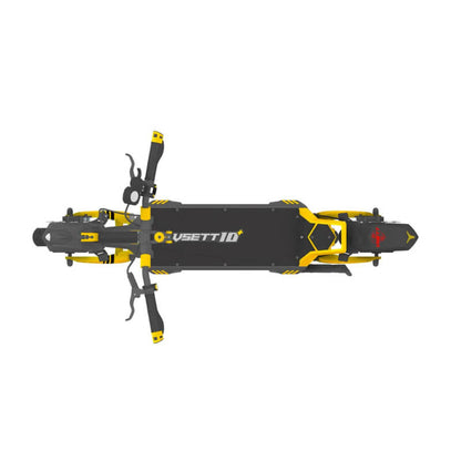 Top view of the VSETT 10+ dual motor electric scooter deck in black and yellow, featuring wide handlebars and foot space. Available at ProMechBC – escooter shop and service center in Vancouver.