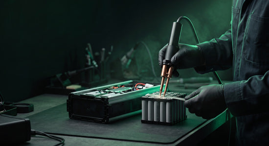 Technician spot-welding new cells during a battery rebuild