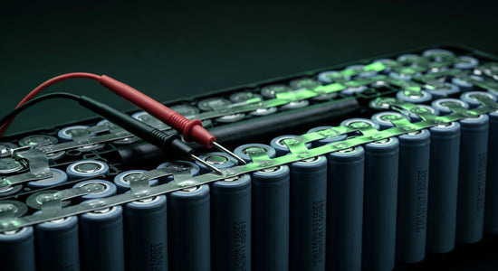 Macro view of lithium-ion cells inside an opened battery pack